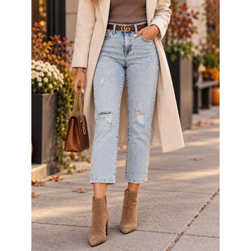 Kendall + Kylie High Rise Straight Jeans Distressed Light Wash Women's 9/29